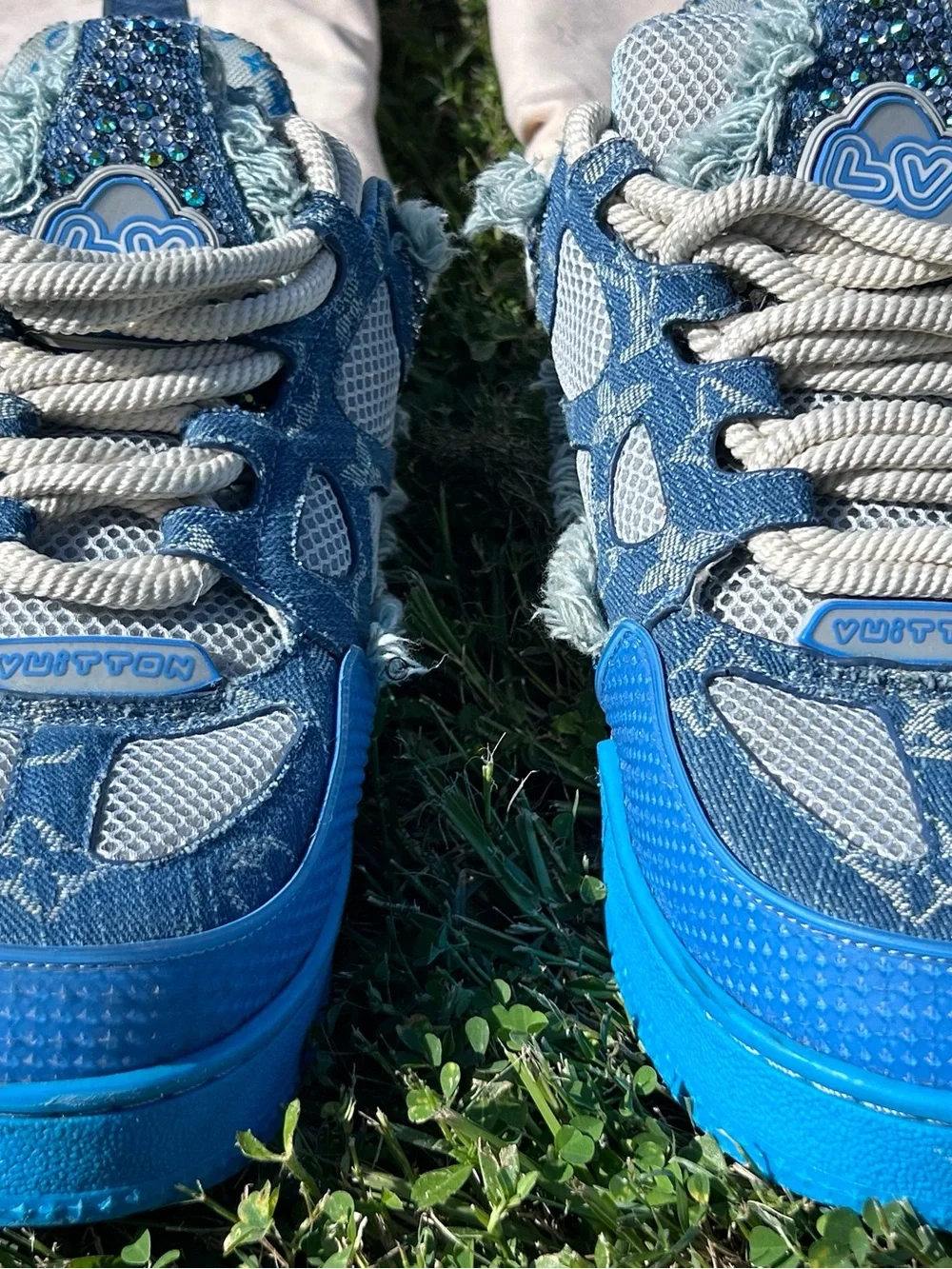 Louis Vuitton Kids Blue Denim LV Trainer Sneakers with Light Blue Accents